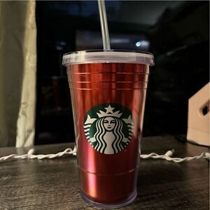 STARBUCKS holiday red foil 16oz plastic tumbler